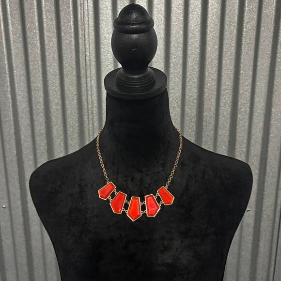Bold Red Geometric Statement Necklace | Gold Tone Modern Jewelry - Picture 1 of 5